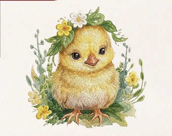 Diseño de bordado de pollito bebé floral / Animal de guardería para baby shower Archivo de bordado Pes Dst Jef Vp3 / Descarga instantánea