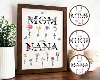 First Mom Now Grandma Sign, Personalized Grandma's Garden Sign, Custom Birth Month Flowers, Gift For Mom, First Mother's Day