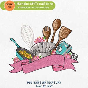 May include: An embroidery design featuring a chef's hat, wooden utensils, a whisk, and a teal pan with yellow food. A pink ribbon banner is at the bottom. The design includes the text "HandcraftTreaStore" and "#EMBROIDERY FILE FOR MACHINE".
