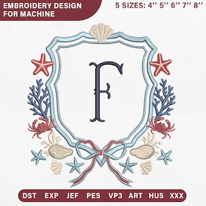 May include: An embroidery design for machine use, featuring a shield shape with a light blue border. The design includes a navy blue letter "F" in the center, surrounded by starfish, seashells, coral, and crabs. The design is available in 5 sizes: 4", 5", 6", 7", and 8".