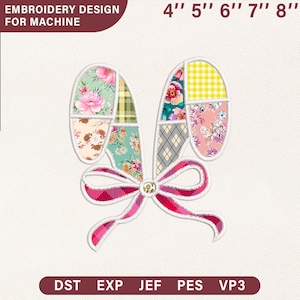 Bunny Ears Applique Embroidery Design | Easter Floral Patchwork Bow Pattern | Instant Download Digital File