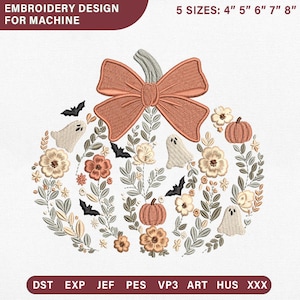 Broderidesign med blommig pumpa och spöke | Boho höst, halloween, fladdermus, kokett, rosettsöm | Hösttröja-fil i 5 storlekar PES JEF VP3