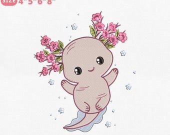 Kawaii Axolotl Embroidery Design, Cute Pink Salamander Machine Embroidery File, Floral Amphibian Design, Instant Download, 4 Sizes, Pes Dst