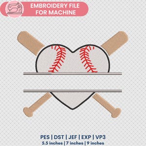 May include: Baseball-themed embroidery design featuring a heart-shaped baseball with crossed bats. The design includes a space for a name or text. Available in PES, DST, JEF, EXP, and VP3 formats. Sizes: 5.5 inches, 7 inches, and 9 inches.