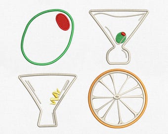 ITH Cocktail Napkin Applique Embroidery Design, Minimalist Martini Olive Citrus Machine File, Pes Dst Jef Vp3