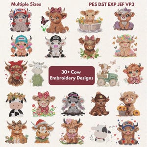 May include: A collection of 30+ cow embroidery designs in various styles. The designs feature cartoon cows with accessories like hats, bows, and flowers. The image includes the text "Multiple Sizes" and "30+ Cow Embroidery Designs".