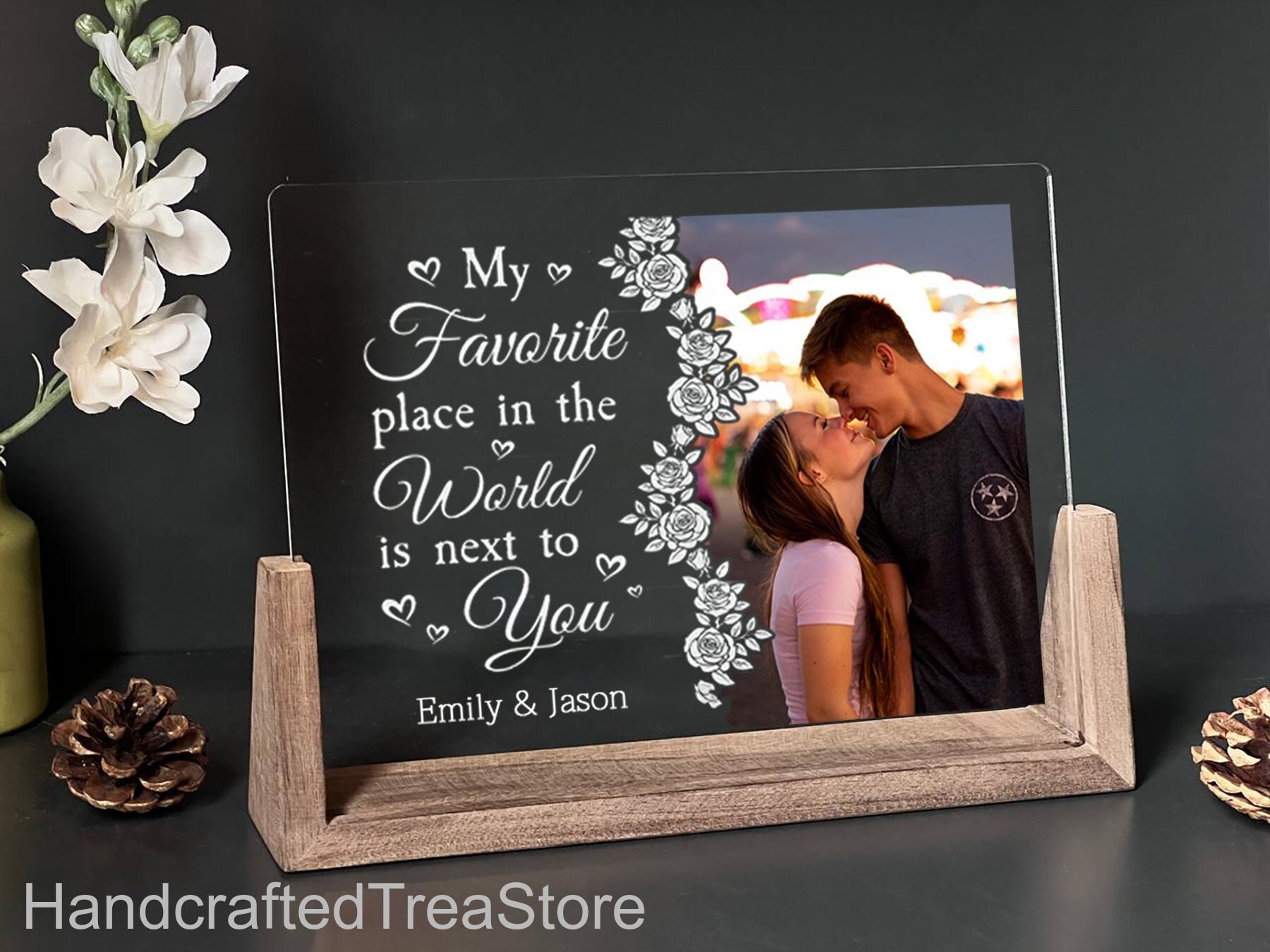 Floral Personalized New Couple Photo Plaque,Custom Picture And Name Acrylic Plaque,My Favorite Place In The World Is Next To You Couple Gift
