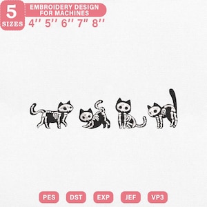 Skeleton Cat Embroidery Design,  Halloween Black Cats in Bone Style Poses, Machine Embroidery, Instant Download, Cute Spooky PES DST File