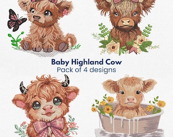 Baby Highland Cow Machine Embroidery Design Bundle, Highland Cow Embroidery, Flower, Butterfly - Instant Download, Pes, Dst, Jef, Exp, Vp3