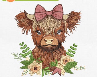 Baby hooglandkoe met bloemen machineborduurbestand - borduurbestand boerderijdieren - direct downloaden - Pes, Dst, Jef, Exp, Vp3 - 3 maten