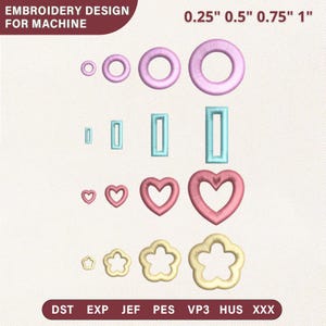 Puede incluir: Un conjunto de diseños de bordado para máquina, con varias formas en diferentes tamaños. El diseño incluye círculos, rectángulos, corazones y formas de flores, con tamaños que van desde 0,64 cm hasta 2,54 cm. El texto "EMBROIDERY DESIGN FOR MACHINE" está en la parte superior.