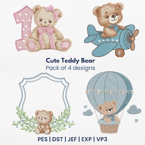 Puede incluir: Un conjunto de cuatro diseños de bordado que presentan un lindo osito de peluche en diferentes escenas. Los diseños incluyen un osito de peluche sosteniendo un número uno, un osito de peluche volando en un avión, un osito de peluche en un globo aerostático y un osito de peluche sentado en una corona.