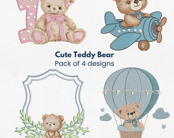 Juego de 4 diseños de osos de peluche para bordar a máquina - Archivo de diseño para decoración de habitación de bebé - Descarga instantánea - Pes, Dst, Jef, Exp, Vp3