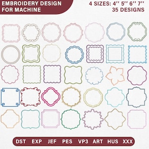 May include: An embroidery design set for machine use, featuring 35 unique frame designs in various shapes and colors. Available in 4 sizes: 4", 5", 6", and 7". Includes file formats DST, EXP, JEF, PES, VP3, ART, HUS, and XXX.