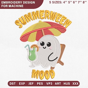 May include: Machine embroidery design featuring a white ghost sitting on a brown beach chair under a red and yellow striped umbrella. The ghost holds a green cocktail with a straw and orange slice. Text reads SUMMERWEEN MOOD in yellow.