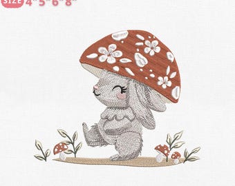 Diseño de bordado de conejito hongo, archivo de máquina de conejo de bosque bajo un hongo venenoso, archivo de animal lindo para bordado a máquina, descarga instantánea