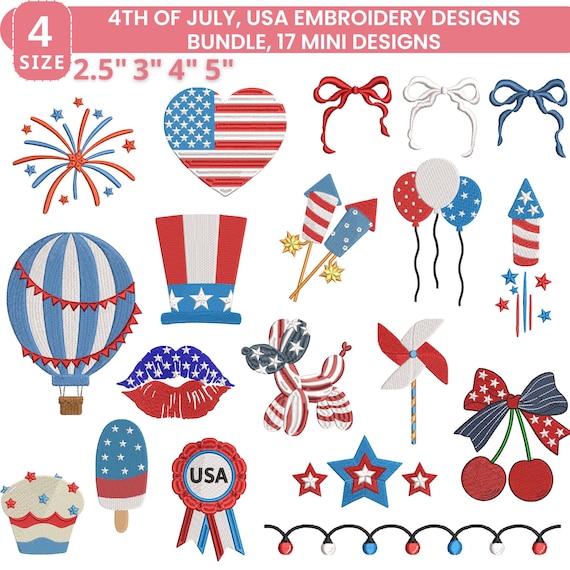 4th of July Mini Embroidery Designs Bundle, 250 Anniversary, Red White Blue Stitch, Instant Download,