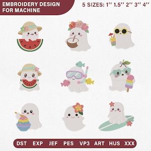 Paquete de patrones de mini máquinas Kawaii Summer Ghost, arte de vacaciones espeluznantes en la playa, descarga digital de surf lindo Pes Dst Jef Vp3