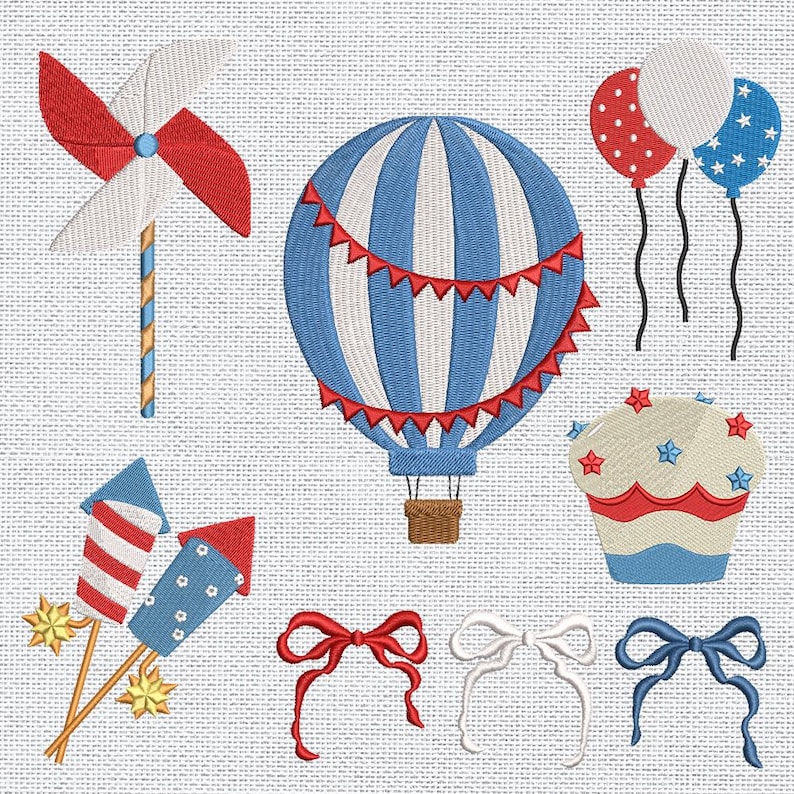 Peut inclure: Motifs patriotiques brod&eacute;s, dont une girouette rouge et blanche, une montgolfi&egrave;re ray&eacute;e bleue et blanche, des ballons &agrave; pois rouges et blancs et bleus &eacute;toil&eacute;s, un cupcake, des feux d'artifice et des n&oelig;uds. Les motifs sont rouges, blancs et bleus.