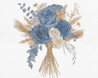 Dusty Blue Rose Bouquet Machine Pattern, Boho Floral Pampas Grass Rustic Dried Flower, Wedding Decor Digital Download Pes Dst Jef Vp3