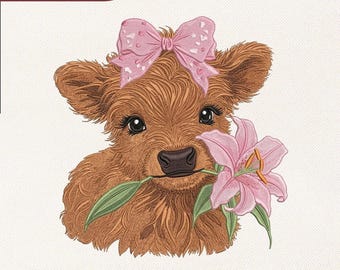 Diseño de bordado floral de vaca de las Tierras Altas para bebé / Animalito coqueto para guardería infantil para archivo de bordado de baby shower Pes Dst Jef Vp3 / Descarga instantánea