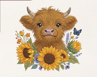Diseño de bordado floral de vaca de las Tierras Altas para bebé / Animal de guardería para baby shower Archivo de bordado Pes Dst Jef Vp3 / Descarga instantánea
