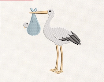 Baby Stork Embroidery Design, Cute Blue Stork Embroidery File, Nursery Animal for Baby Shower Digital File, Instant Download