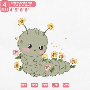 Floral Caterpillar Embroidery Design, Cute Caterpillar Machine Embroidery File, Sweet Bug Design, Instant Download, 4 Sizes, Pes Dst Jef Exp