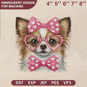 May include: An embroidery design for a machine featuring a Chihuahua wearing pink heart-shaped glasses and bow ties. The design includes the text "EMBROIDERY DESIGN FOR MACHINE" and size measurements from 10 cm to 20 cm.
