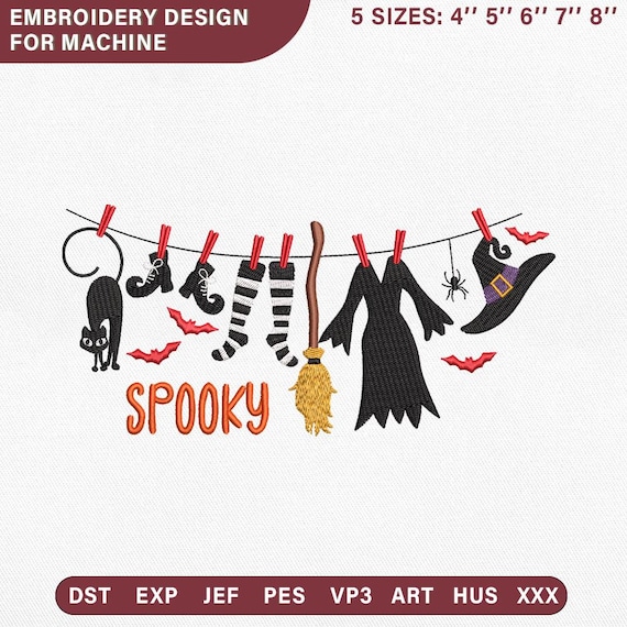 Spooky Witch Clothesline Embroidery Design, Halloween Laundry Magic Broom, Witchy Apparel Digital Download Pes Dst Jef Vp3