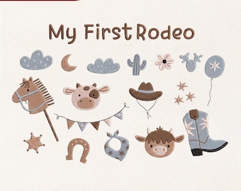 Mój pierwszy zestaw do haftu rodeo, plik do haftu dla dzieci w stylu western, plik do haftu dla maluchów w stylu kowbojskim, mały kapelusz kowbojski, bandana, buty, Pes Jef Exp Dst