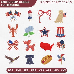 Può includere: Set di ricami digitali per macchine con 16 icone patriottiche: bandiere, ghiacciolo, fiocco, cane con bandiera, aragosta, ortensia, stella, cilindro, cane palloncino, mappa USA, palloncini, aquila, campana, hot dog, girandola. Testo: EMBROIDERY DESIGN FOR MACHINE, 5 SIZES: 1'' 1.5'' 3'' 4'' 5'', formati: DST, EXP, JEF, PES, VP3, ART, HUS, XXX.