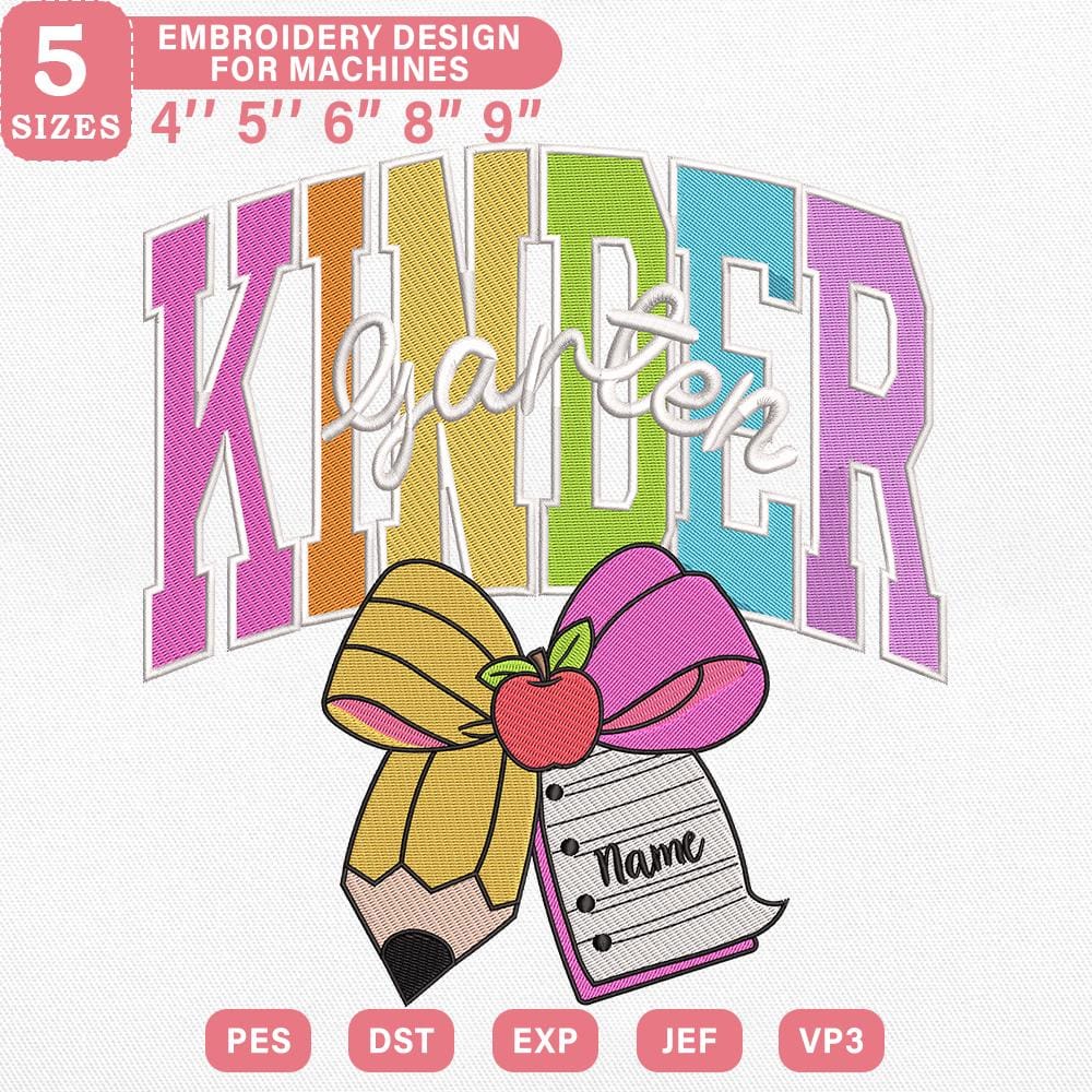 Kindergarten Grade Embroidery Design, Colorful Pencil Bow with Tag for First Day File for Machine Embroidery, Instant Download, PES DST File
