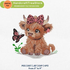 May include: Embroidered design of a brown Highland cow with a pink bow and a pink butterfly. The design is suitable for machine embroidery and is available in sizes from 5 to 9 inches.