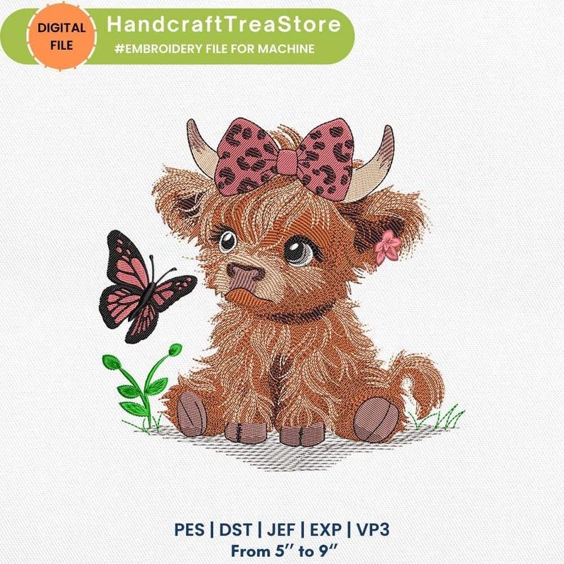 May include: Embroidered design of a brown Highland cow with a pink bow and a pink butterfly. The design is suitable for machine embroidery and is available in sizes from 5 to 9 inches.