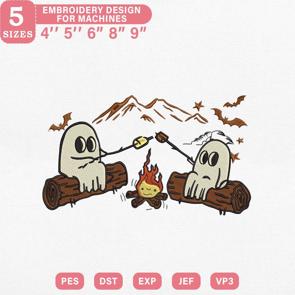 Motif de broderie camping fantôme, fantômes d'Halloween par feu de camp sous la lune fichier Machine, 5 tailles, téléchargement immédiat, Dst Pes Jef Exp Vp3