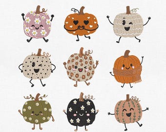 Paquete de diseños de bordado a máquina de calabazas otoñales Kawaii - 5 tamaños en formatos PES y JEF / Lindos patrones de otoño y Halloween