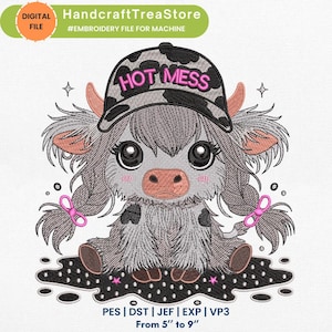 May include: Embroidered design of a gray Highland cow wearing a black and white baseball cap with the text "HOT MESS" in pink. The cow is sitting on a black background with white stars. The design is available in PES, DST, JEF, EXP, and VP3 formats and is 5 to 9 inches in size.
