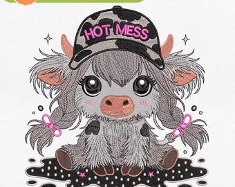 Hot Mess Highland Cow Machine Embroidery File- Cute Farm Animal Design- Instant Download - Pes, Dst, Jef, Exp, Vp3, 3 Sizes