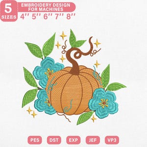 Pumpkin Floral Embroidery Design, Autumn Harvest with Flowers Machine Embroidery File, Instant Download Dst Pes Exp Jef Vp3