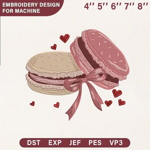 Disegno per ricamo a fiocco di macarons di San Valentino, file per ricamo a macchina di biscotti francesi, modello di cibo Coquette, dolce digitalizzato manualmente