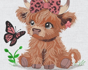 Baby Highland Cow Machine Embroidery File, Baby Cow with Bow & Butterfly, Instant Download, 4 Sizes, Pes, Dst, Jef, Exp, Vp3