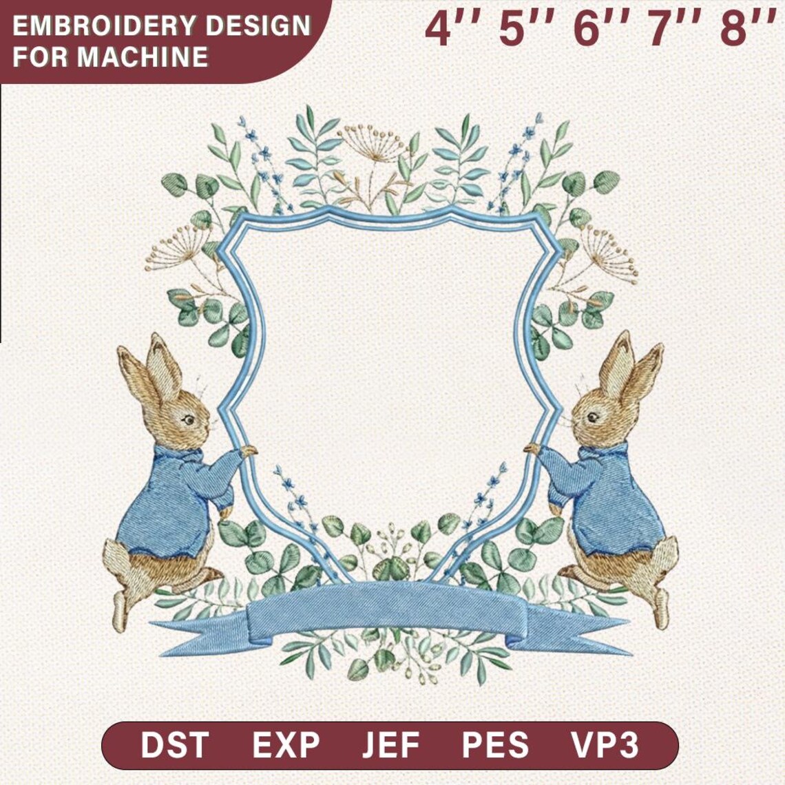 Pruning Frame Rabbit Classic Bunny Frame Embroidery Design | Two Storybook Rabbits Holding ...