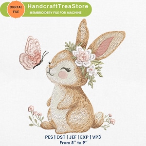 Conejito y mariposa florales - Archivo de bordado a máquina - Diseño de conejo primaveral - Descarga instantánea - Pes, Dst, Jef, Exp, Vp3, 3 tamaños