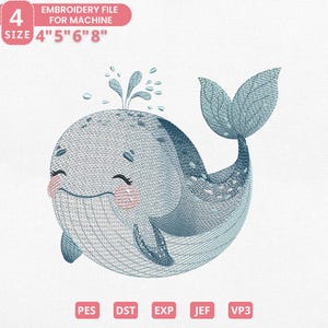 Smiling Whale Embroidery Design, Ocean Animal Machine File, Cute Whale File for Machine Embroidery, Instant Download, 4 Sizes, Pes Dst Jef