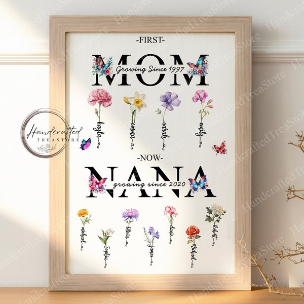 First Mom Now Grandma Sign, Personalized Grandma's Garden Sign, Custom Birth Month Flowers, Gift For Mom, First Mother's Day