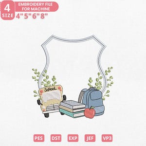 Może przedstawiać: Projekt pliku do haftu przedstawiający szkolny autobus, plecak, książki i jabłko. Projekt zawiera ramkę w kształcie tarczy i napis "School". Rozmiary plików to 10,16 cm, 12,7 cm, 15,24 cm i 20,32 cm.