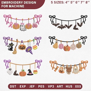 Coquette Halloween Garland Bundle Machine Pattern, Spooky Cute Ghost Bat Pumpkin Bunting, Pink October Center Chest Pes Dst Jef Vp3