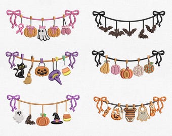 Coquette Halloween Garland Bundle Machine Pattern, Spooky Cute Ghost Bat Pumpkin Bunting, Pink October Center Chest Pes Dst Jef Vp3