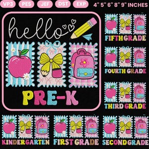 Back To School Embroidery Design Bundle, Hello Pre-K, Colorful Apple Bow and Backpack Embroidery File for Machine, Instant Download PES DST